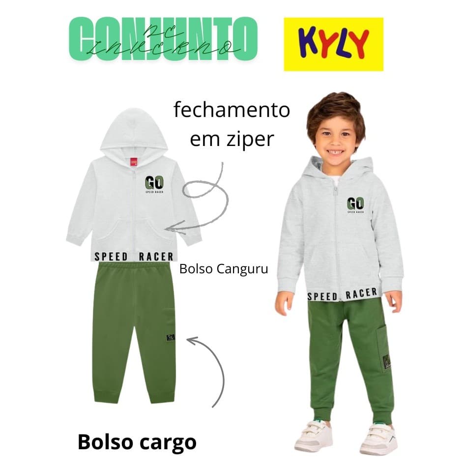 Conjunto Infantil Menino moletom com Capuz Kyly ,bolso canguru,fechamento  ziper na blusa ref1001604