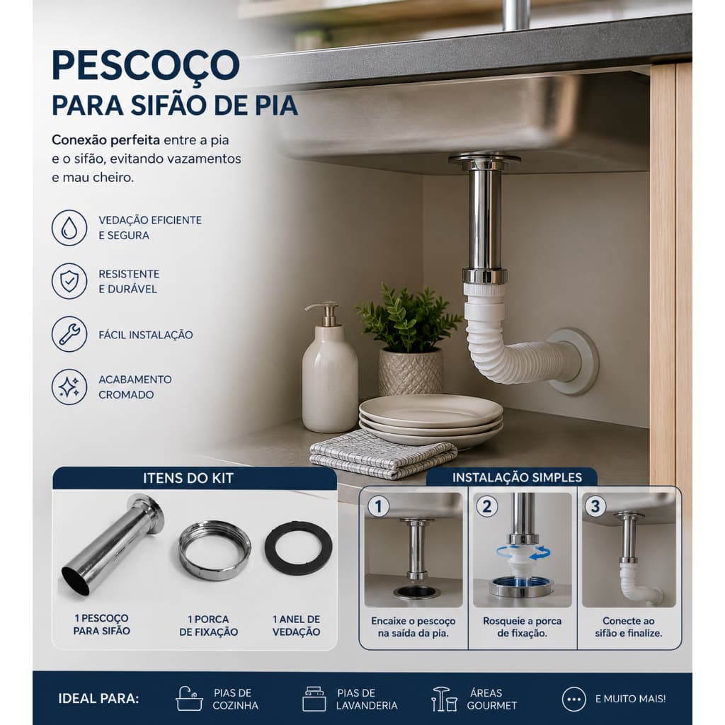 Shark pescoço para sifão metal inox altura altura 10cm diâmetro 5cm qualidade