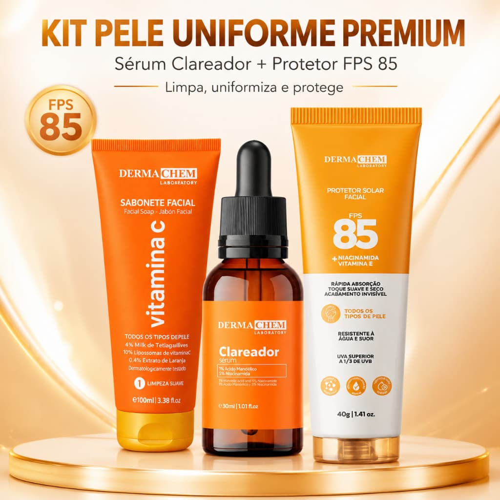 Kit Pele Uniforme Premium Dermachem Sérum Clareador 30ml + Sabonete Facial 100ml + Protetor FPS 85