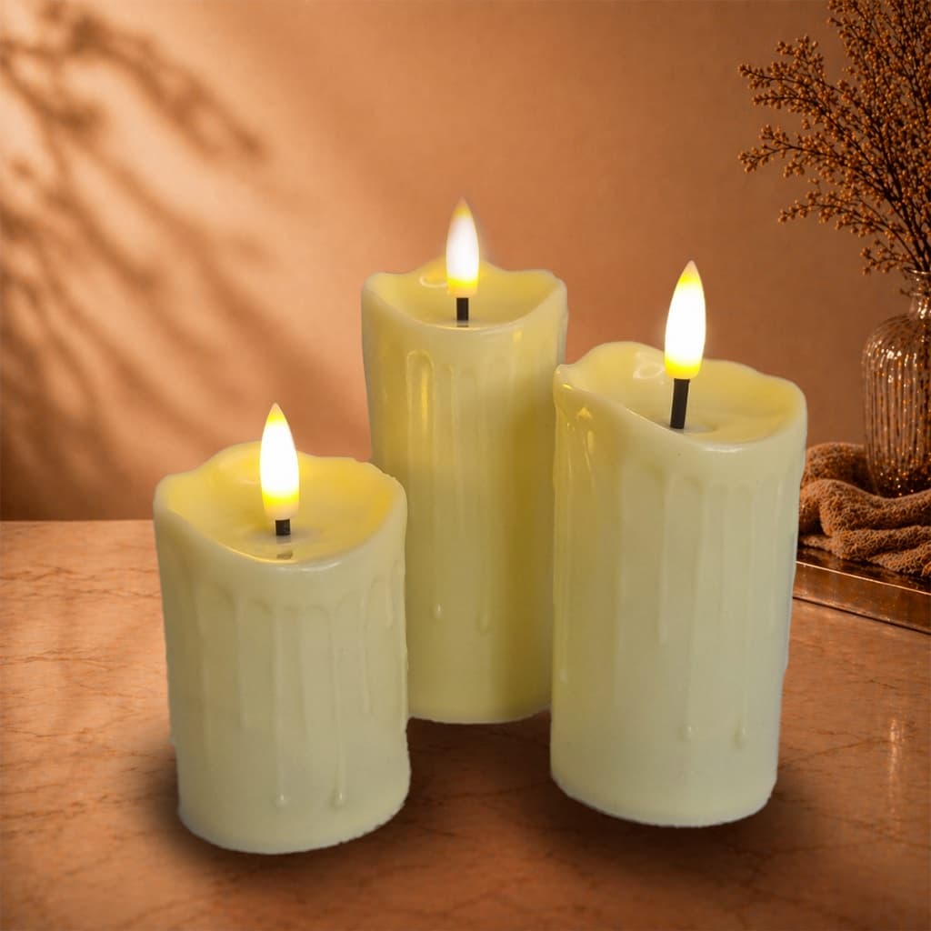 Kit 3 Velas de LED Eletrônicas Decorativas Derretidas Chama Oscilante com Baterias Inclusas