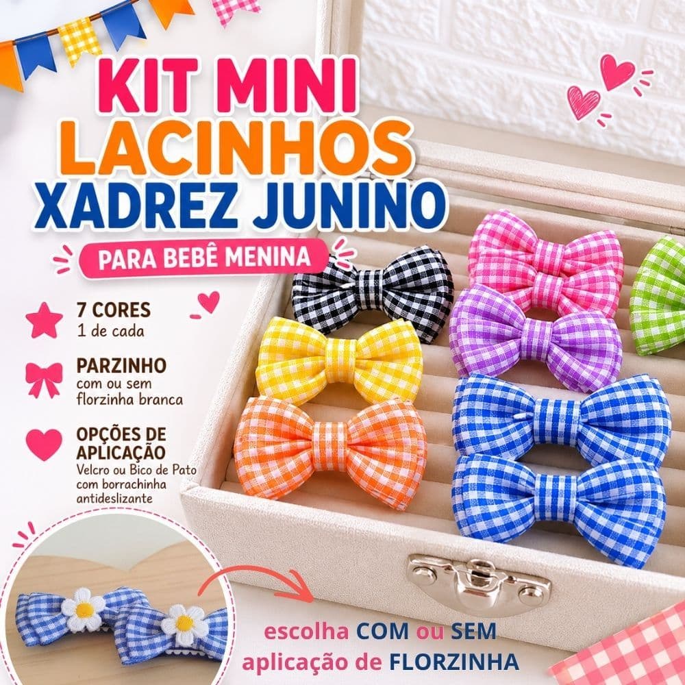 Kit 7 Mini Lacinhos Xadrez Festa Junina Bebê Menina Velcro Bico de Pato Antiderrapante Com Florzinha