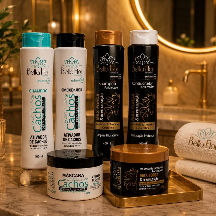 Kit Cachos e Força 6 Produtos com 2 Shampoos, 2 Condicionadores e 2 Máscaras Bella Flor Definição Anti-Frizz