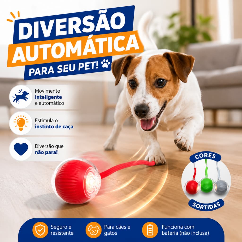 Bola Interativa Automática para Pet Movimento Inteligente com Luz LED Cães e Gatos