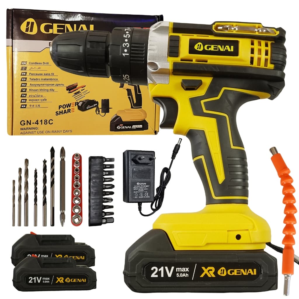 Kit Furadeira E Parafusadeira 21V 5.0Ah com 2 Baterias + Kit Acessórios Completo