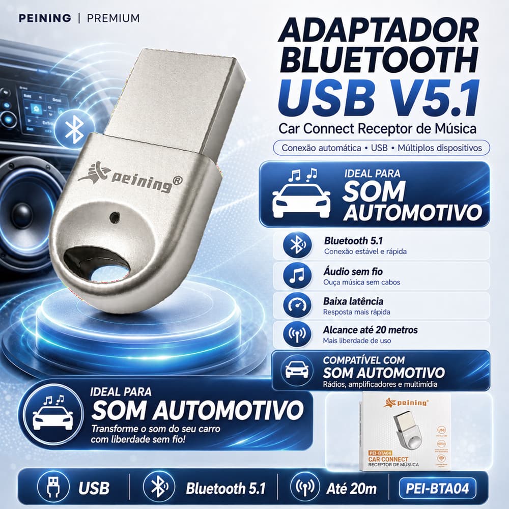 Adaptador Bluetooth Carro Som Automotivo USB 5.1 Peining PEI-BTA04 Car Connect Receptor de Música