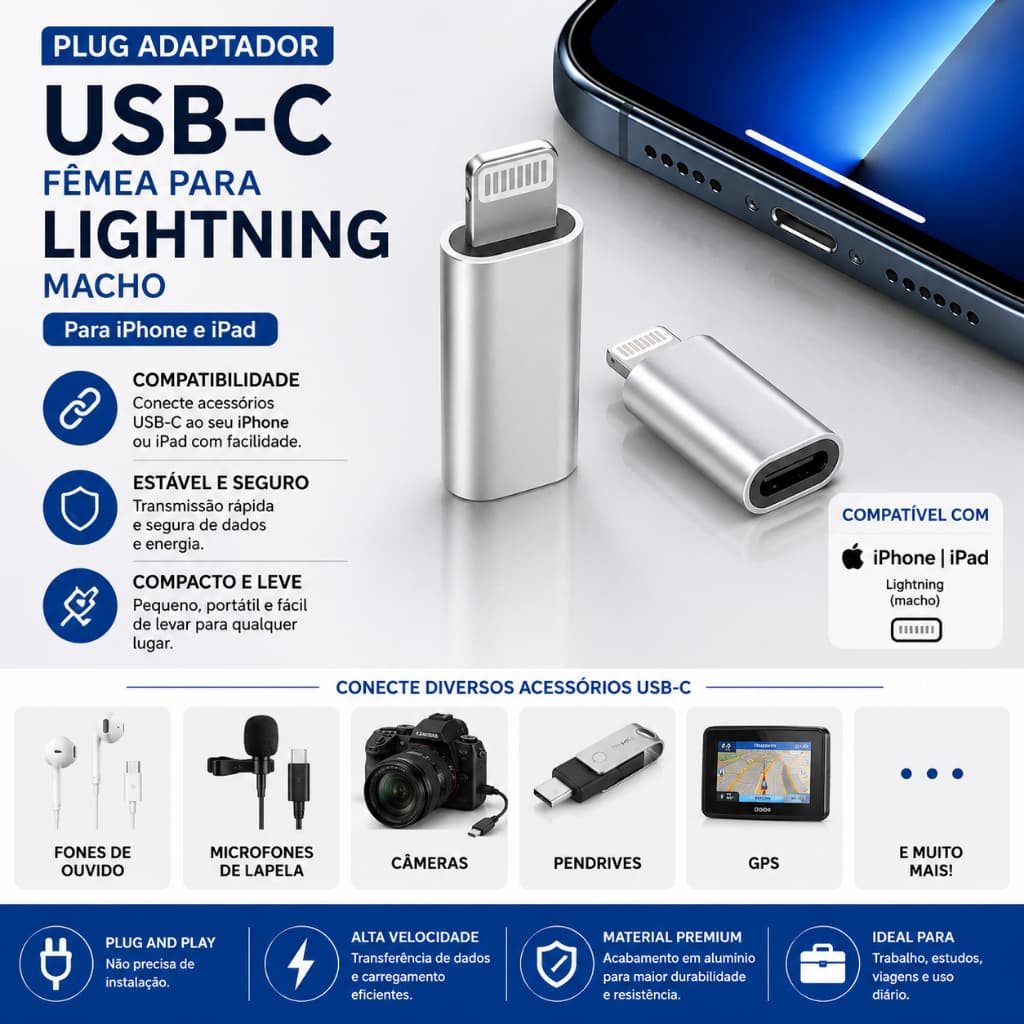Plug Adaptador USB C Fêmea Lightning Macho Para iPhone iPad