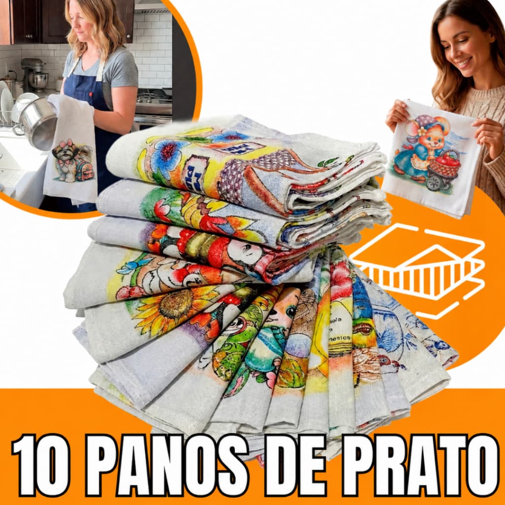 Kit 10 Panos de Prato Estampados 100% Algodão com Bainha – Alta Absorção, Estampas Variadas