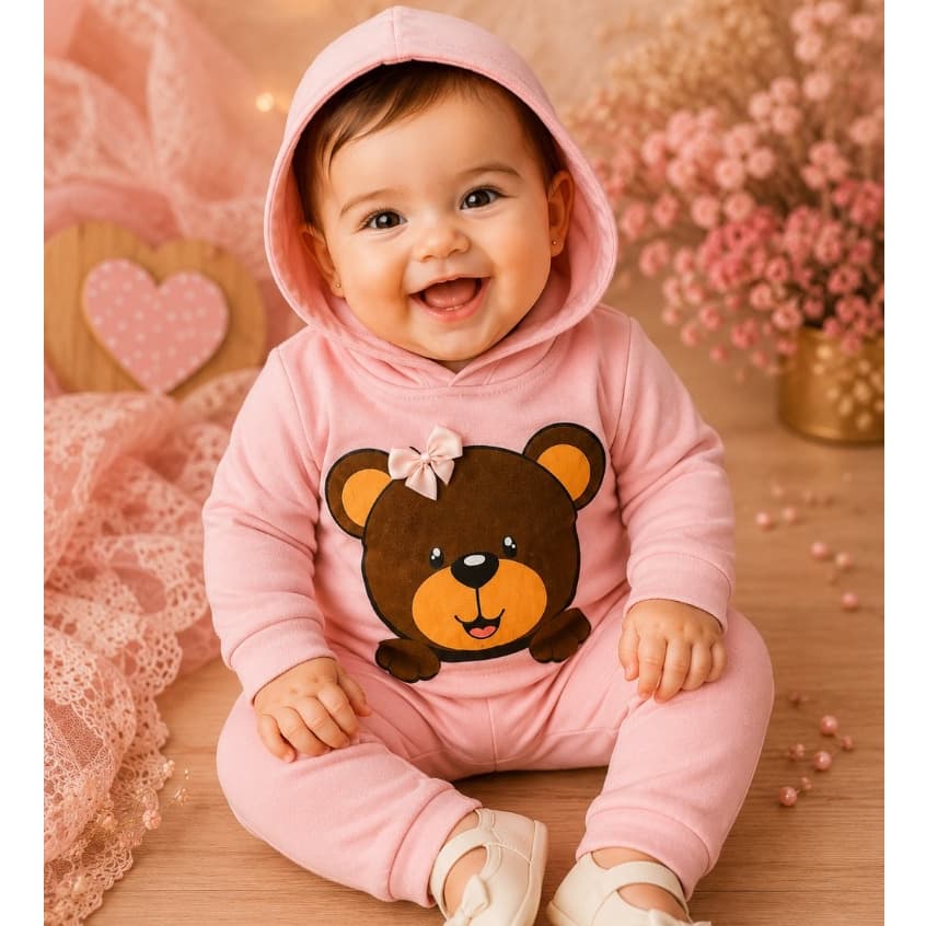 Conjunto de bebê menina para dias de inverno quetinho e fresco Ursinha