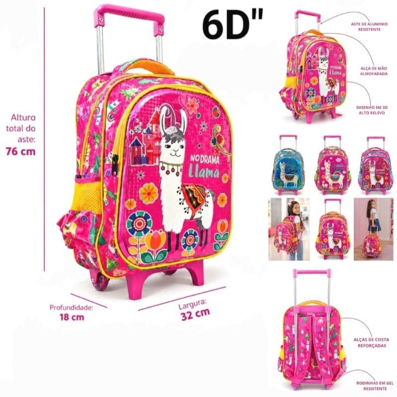 Mochila De Carrinho Escolar Infantil Grande Reforçada Menina 6D
