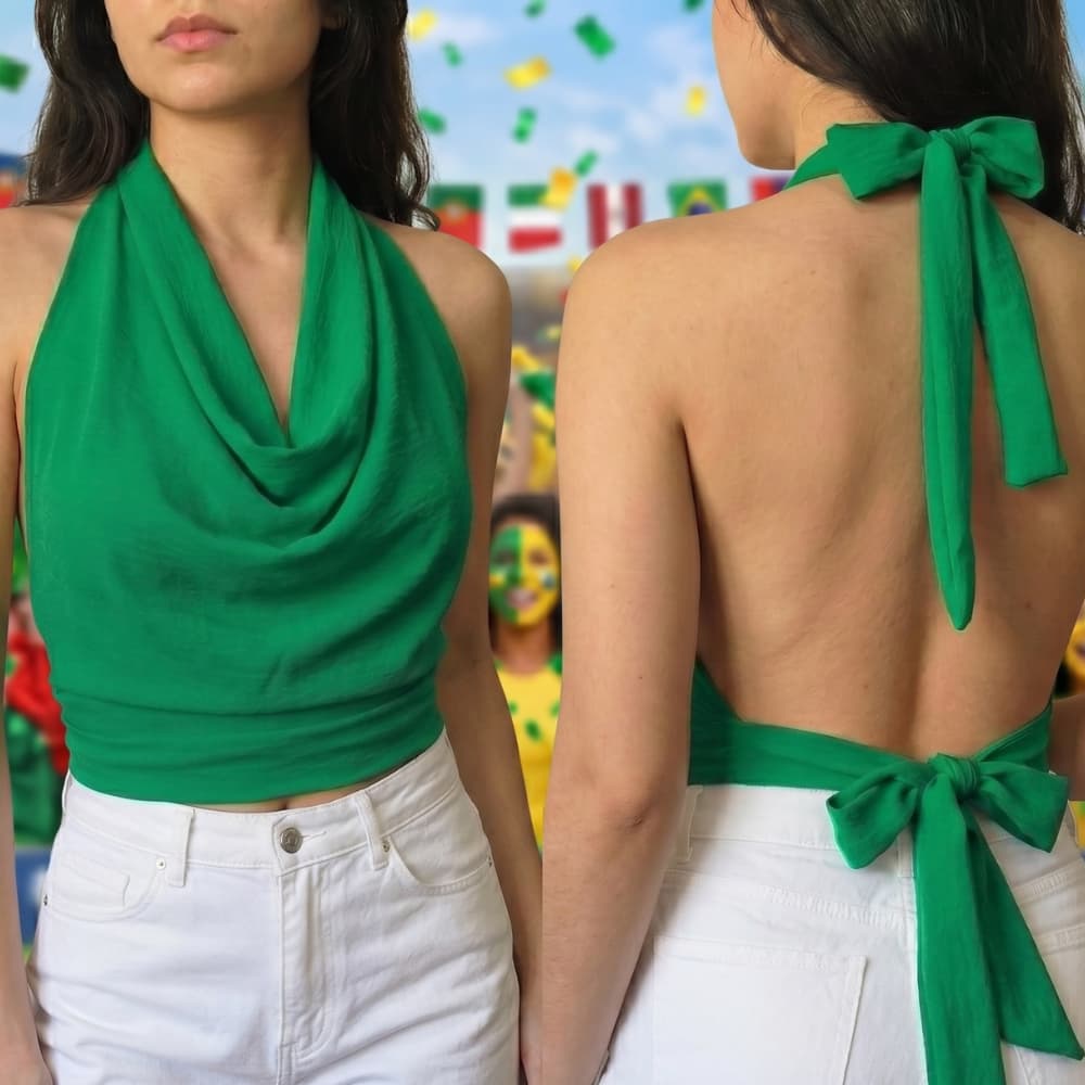 Top feminino cropped frente única em crepe gola degagê e amarração ajustável verão festa