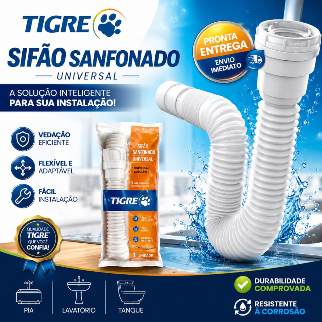 Sifão Sanfonado Universal TIGRE 4 em 1 - Flexível e Adaptável para Pias e Lavatórios