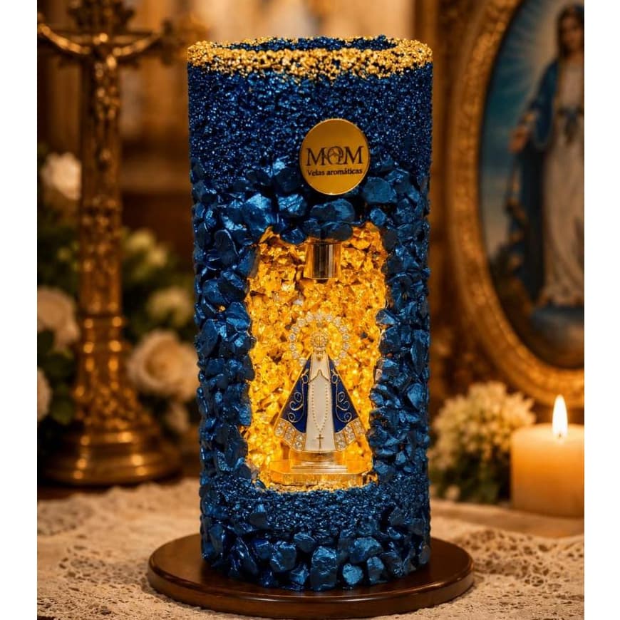 Vela Gruta Nossa Senhora Aparecida + 4 Refis | Artesanal Luxo | Folhas de Ouro e Pedras Dolomitas