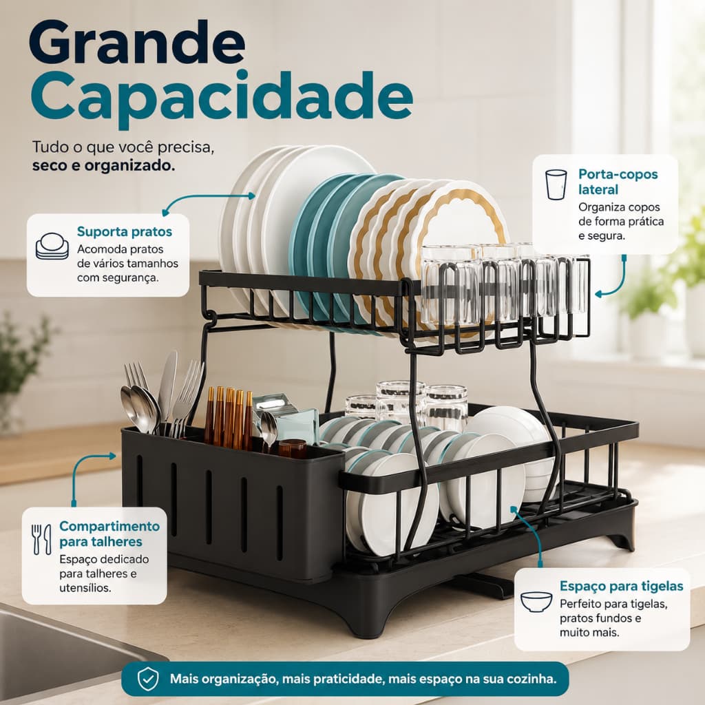 Escorredor de Louças 2 Andares Preto 42cm Organizador de Pia Cozinha com Porta Talheres Porta Copos e Bandeja Coletora