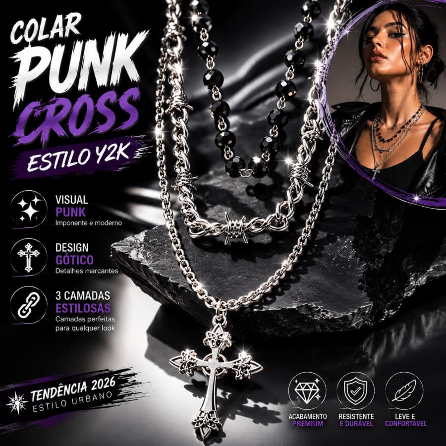 Colar Punk Cruz Y2K Masculino Feminino Corrente Tripla Gótica Fashion Estilo Urbano Premium