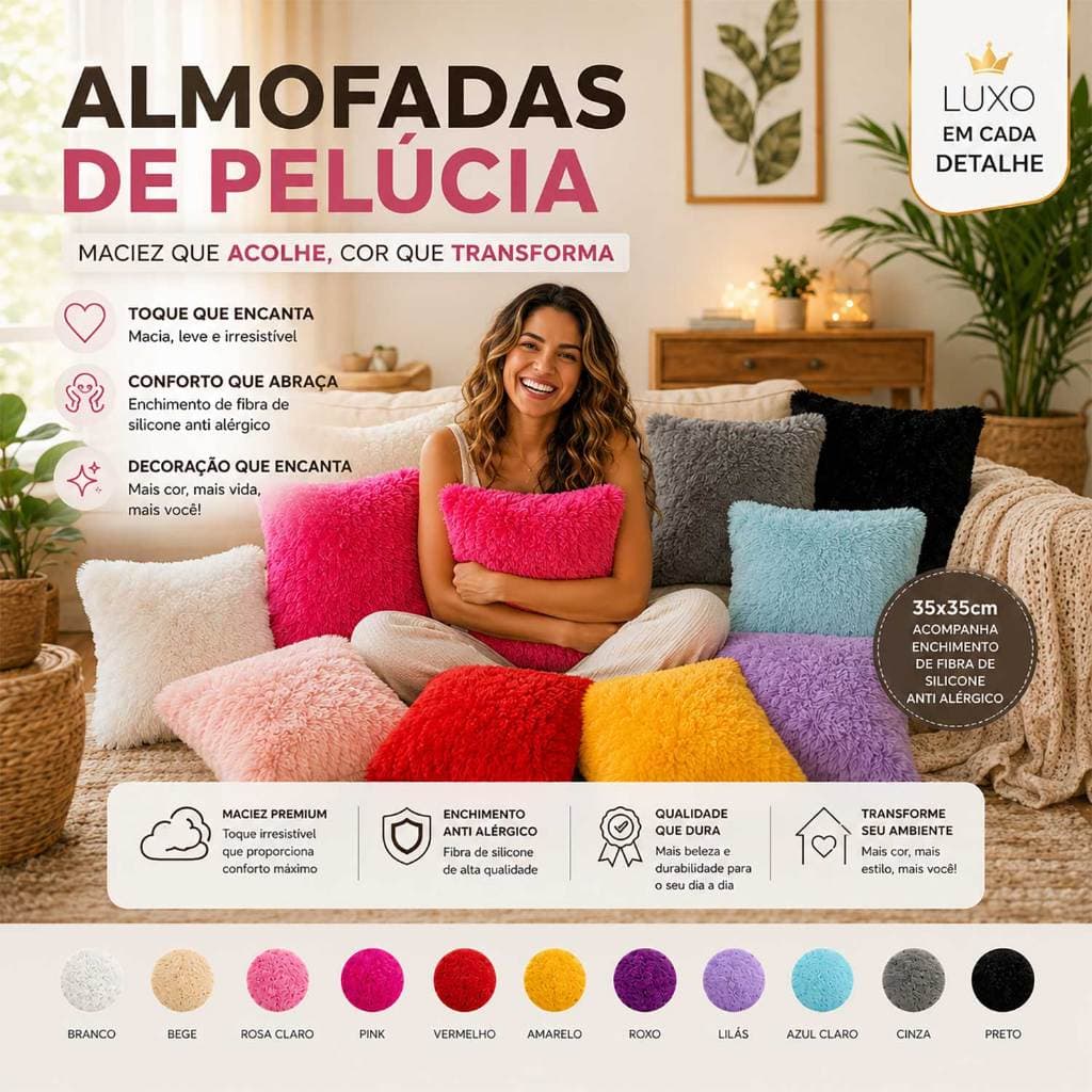 Almofadas de Pelúcia Decorativas Pelo Curto Luxo Para Sofá Sala Quarto 35x35