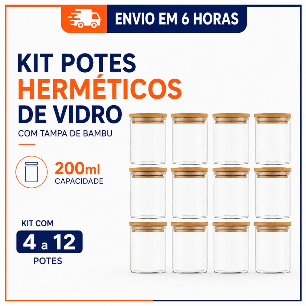Kit com 4 a 12 Potes Herméticos de Vidro 200ml com Tampa de Bambu