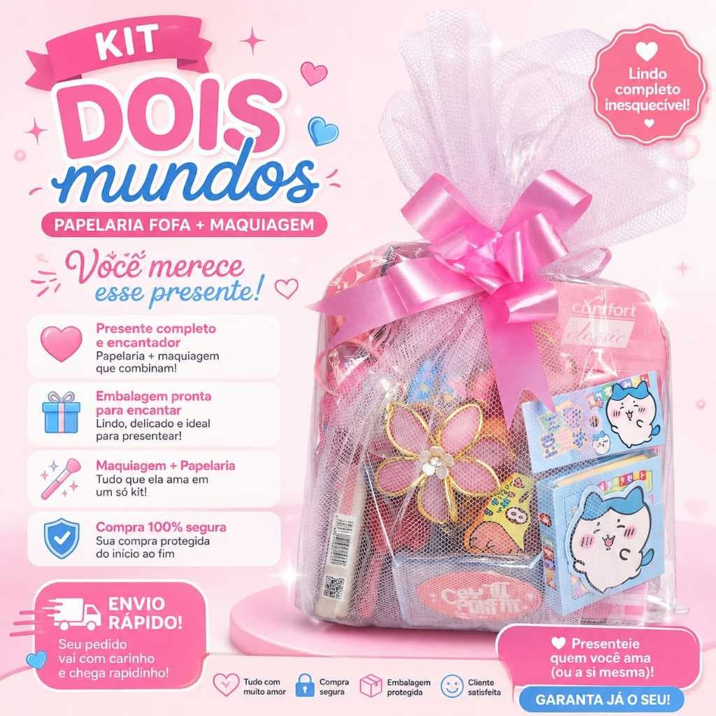 Kit papelaria fofa Premium 25 Itens ✨ Maquiagem + Papelaria Fofa Completo | Gloss, Blush, Canetas Kawaii Presente|Menina