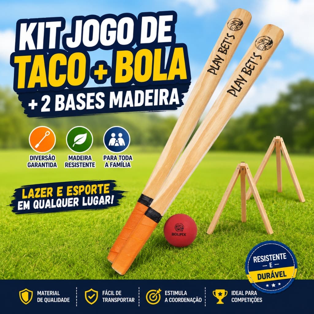 Kit Jogo De Taco Madeira Completo 2 Tacos Empunhadura EVA 1 Bolinha 2 Bases  Tacobol Infantil Adulto