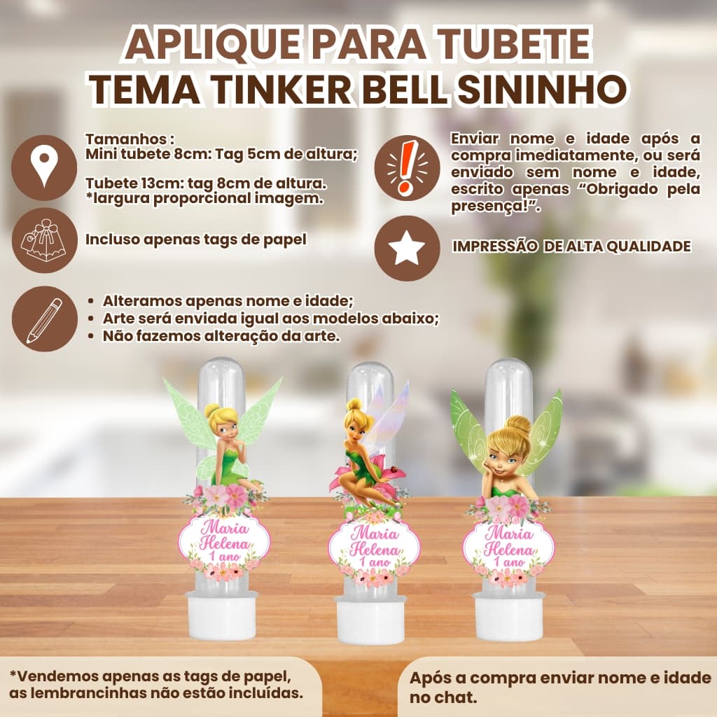 Apliques para Mini Tubete 8cm ou Tubete 13cm 3d Tema tinker bell sininho | Tag Personalizado com Nome e Idade