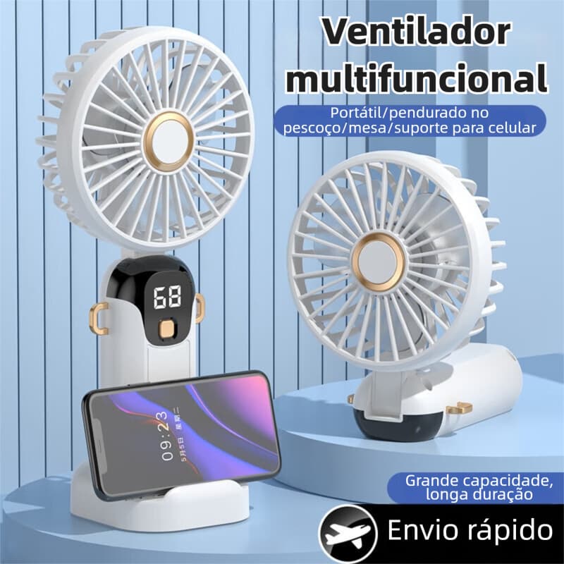 Ventilador Portátil Multifuncional (Mão/Colar/Mesa) | Turbina Vento Forte + Display Digital + Suporte Celular