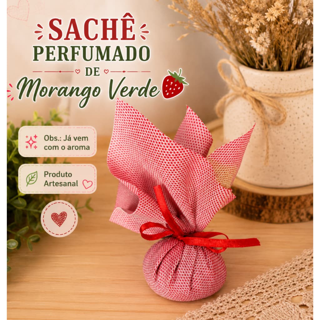 Sachê Perfumado Artesanal Morango Verde Lembrancinha Aromática 4 Unidades