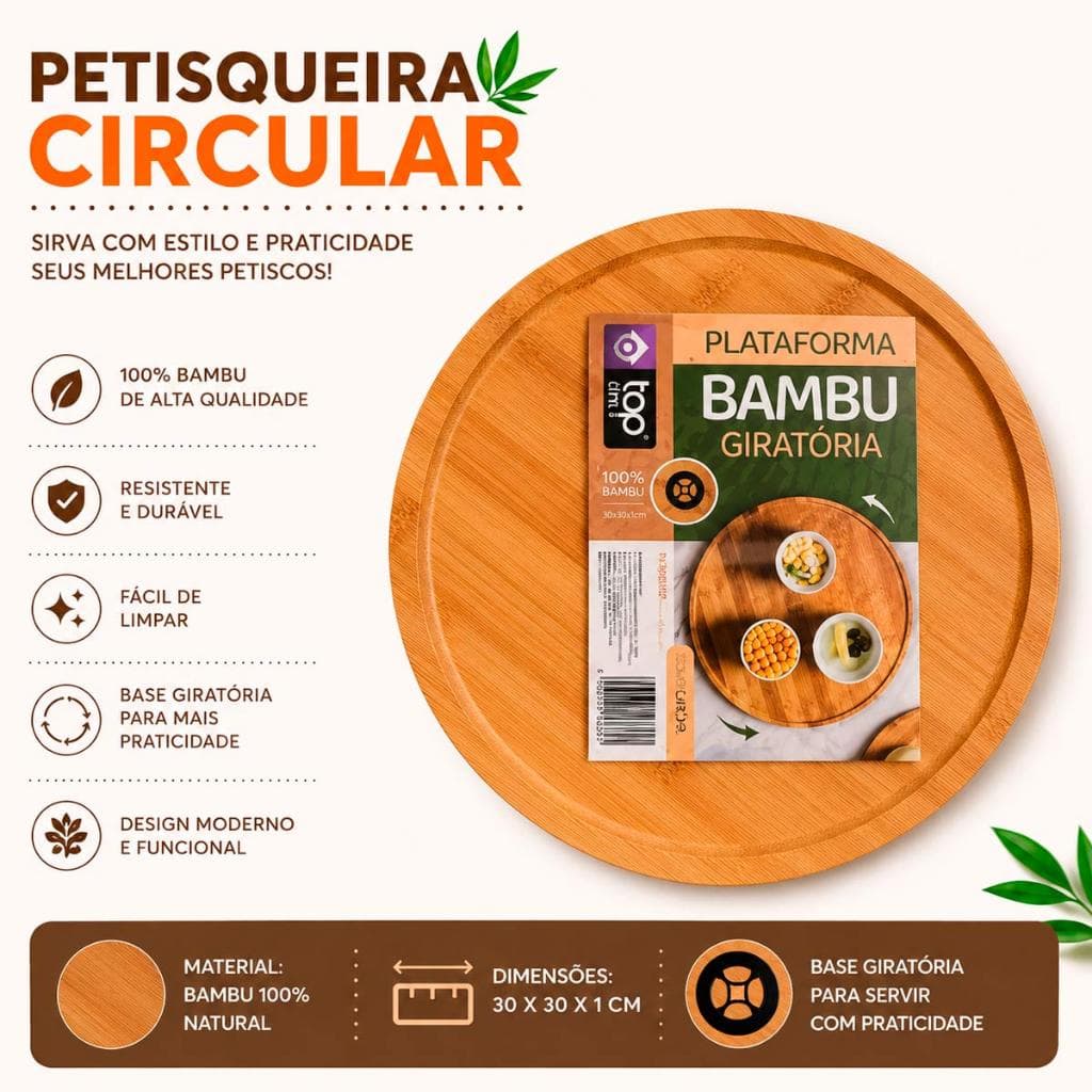 Tábua Petisqueira Giratória Bambu 30cm Plataforma Bandeja Frios Mesa Posta
