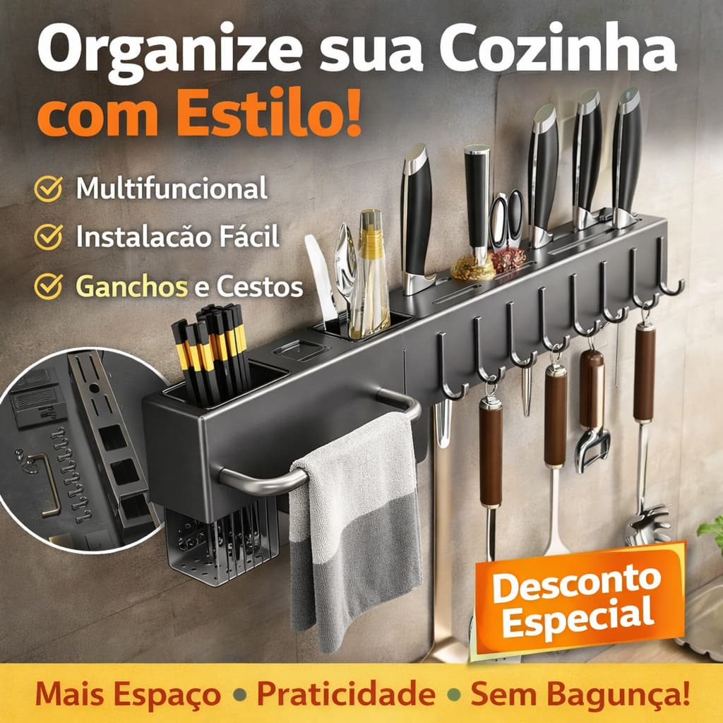 Prateleira Organizadora de Cozinha Multifuncional Metal com Ganchos e Cesto - BM-F1328