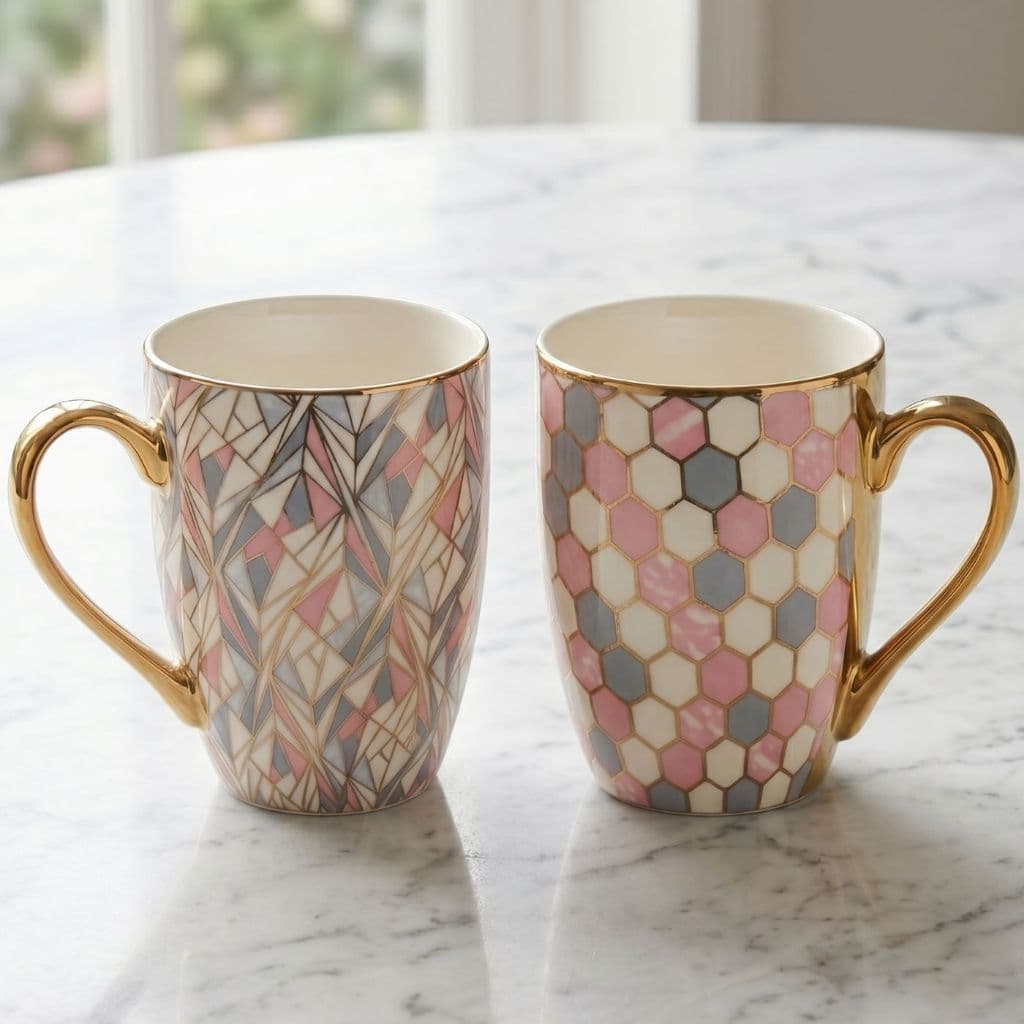 Caneca de Porcelana Geométrica Premium c/ Alça Dourada – Unidade ou Kit Completo