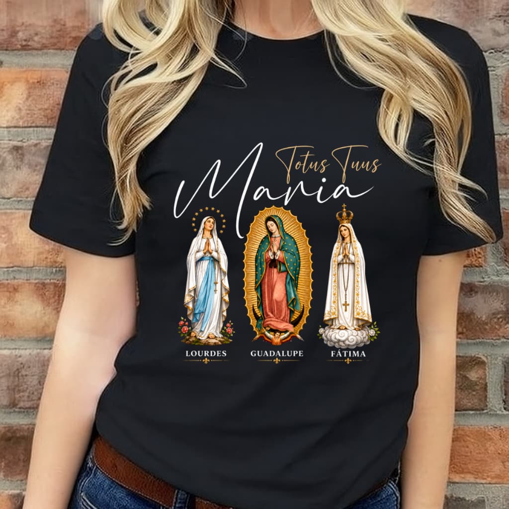 Camiseta Católica Cristã Maria Totus Tuus Fatima Lourdes Guadalupe Unissex 100% Algodão Premium