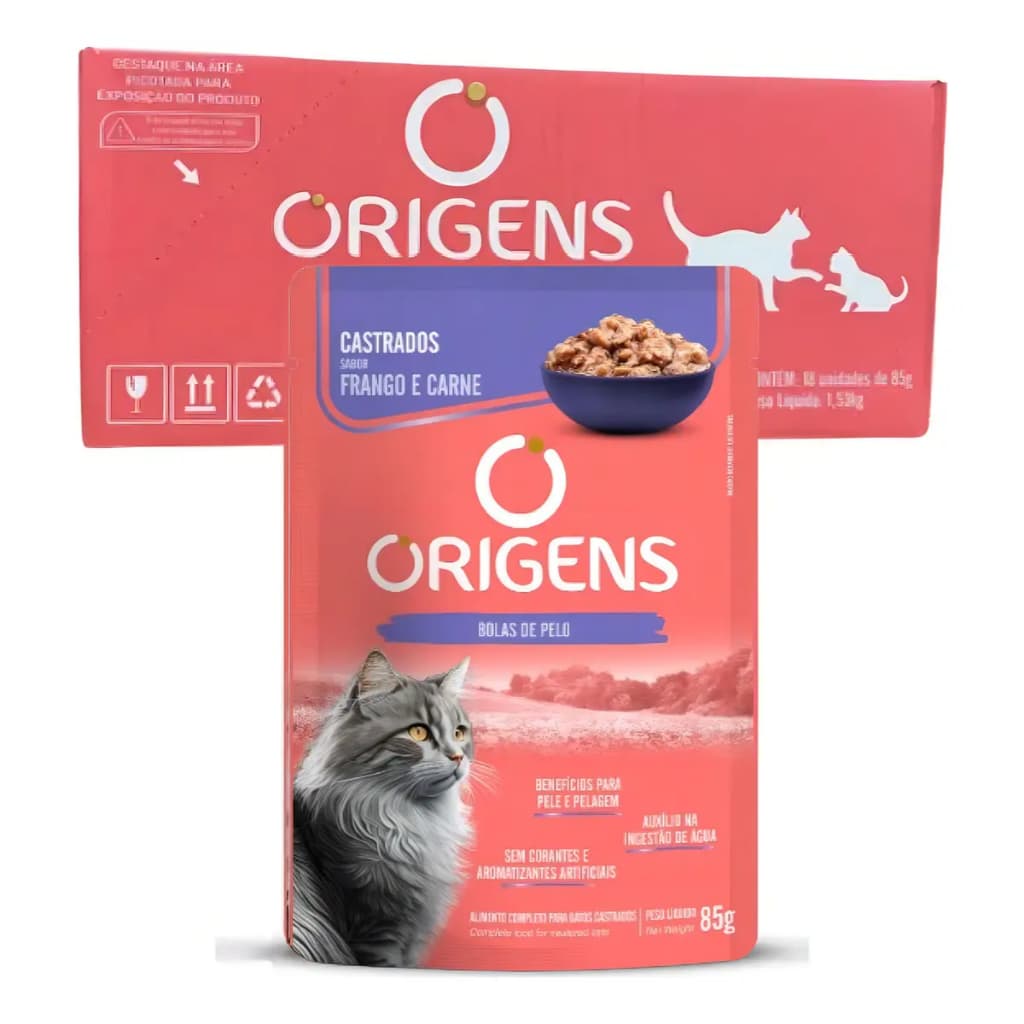 Sachê Origens Gato Castrado Frango e Carne 18x85g Original