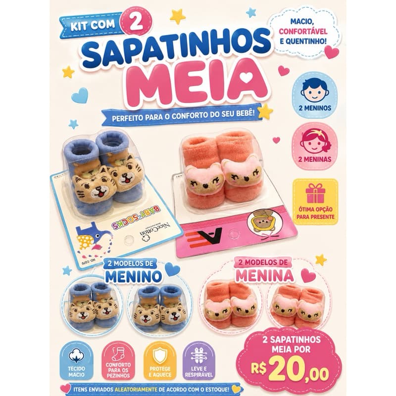 Kit 2 Sapatinhos Meia Bebê Antiderrapante Masculino Feminino Recém-Nascido