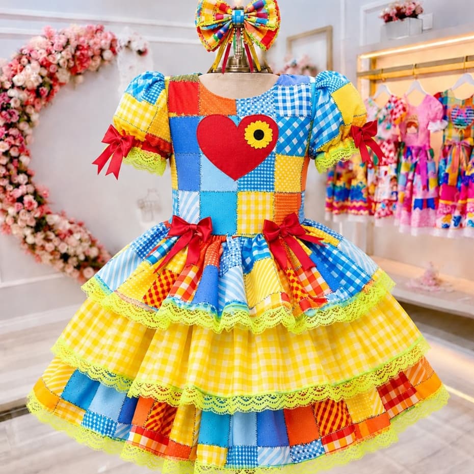 Vestido Junino Infantil Luxo Xadrez Colorido Festa Junina Caipira Menina Premium