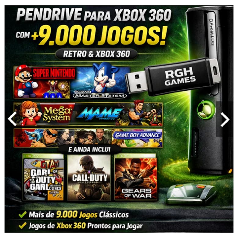 Pendrive para Xbox 360 Qualquer Versao com Mais de 9.000 Jogos Retrô +Alguns jogos populares de Xbox 360