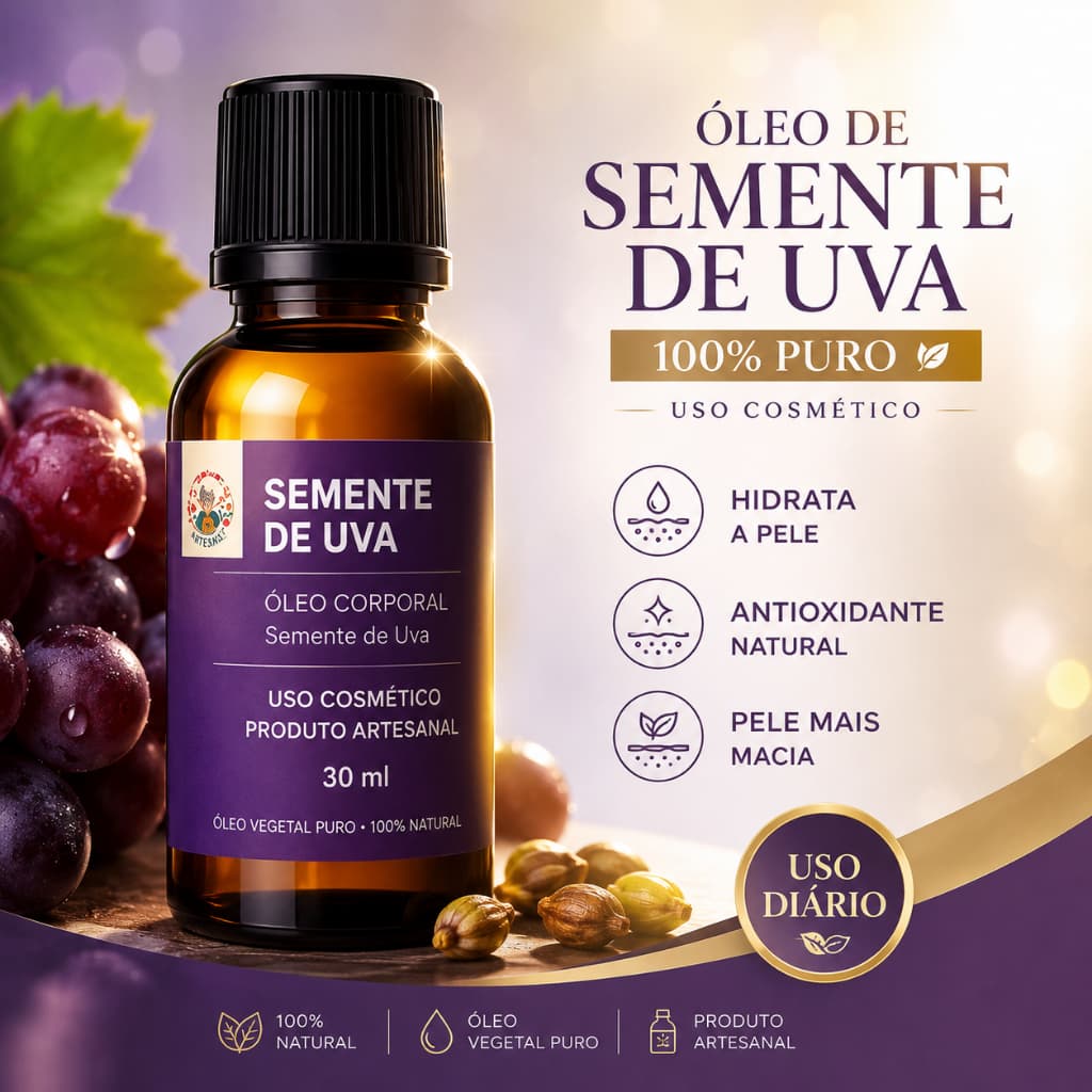ÓLEO DE SEMENTE DE UVA PURO 30ml | 100% Vegetal | Hidratante para Pele e Cabelos | Uso Corporal