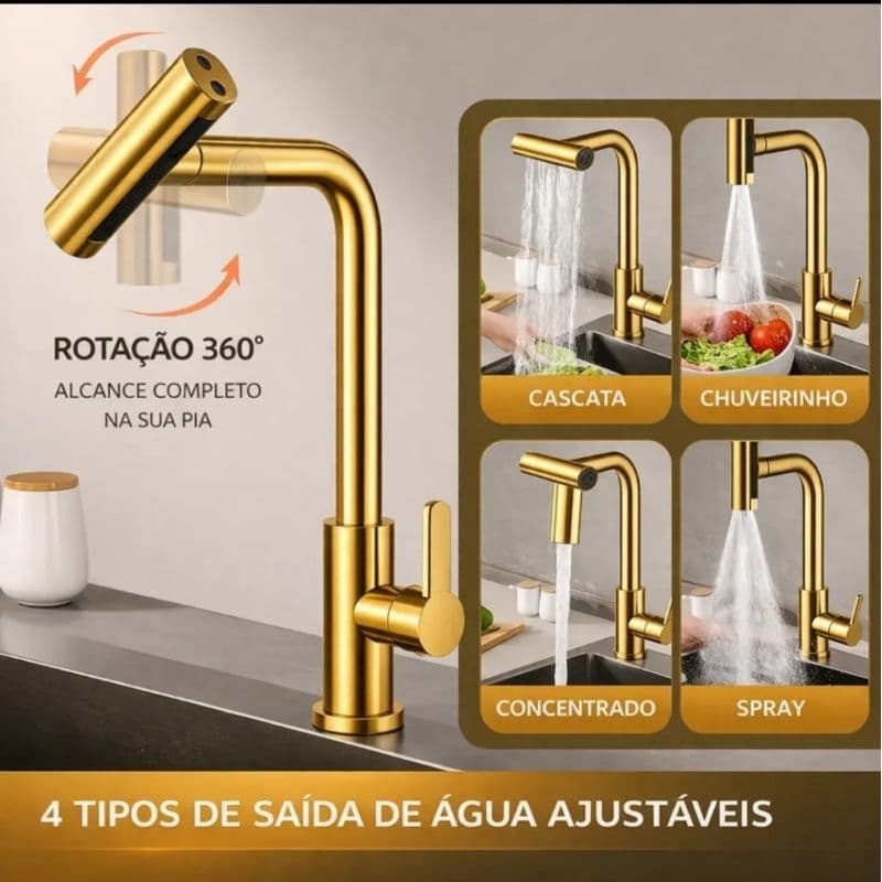 Torneira de Cozinha Gourmet Giratória 360 Água 4 Jatos Rotação Flexível Bancada Mesa