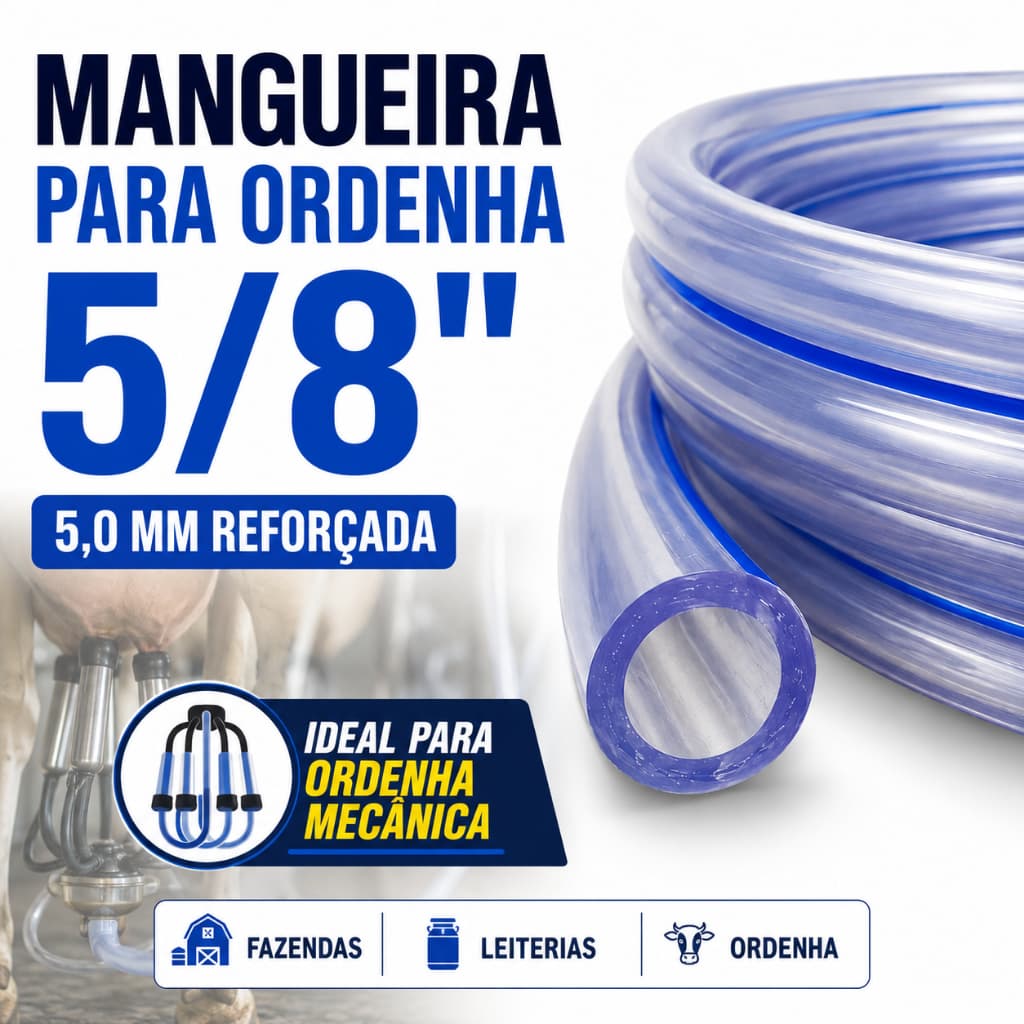 25 à 35 Metros Mangueira Ordenha 5/8" Parede 5,0mm Cristal Faixa Azul Leiteira Vaca Rural Agricola -