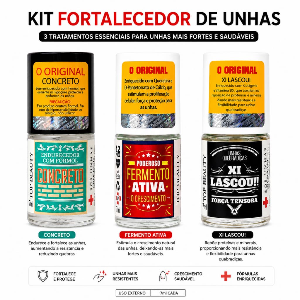 Kit 3 Bases OU 1 Unidade - Fortalecedoras De Unhas Super Concreto Fermento Xi Lascou Top Beauty