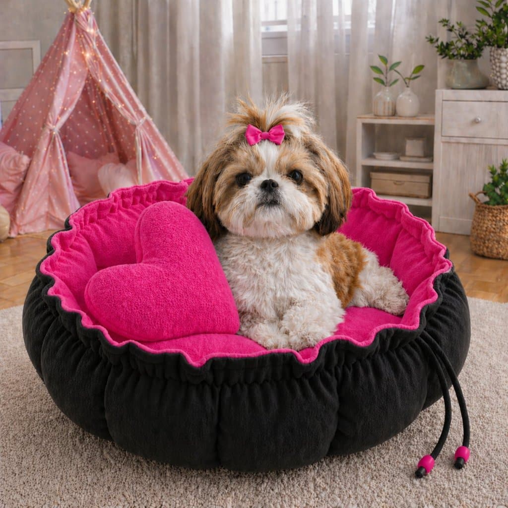 Caminha Redonda, com almofada de coração Pink\Preto Cama Pet Londres Fresquinha Gato