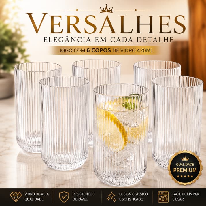 Jogo 6 Copos Vidro 420ml Resistente Elegante Mesa Posta Drinks Água Suco