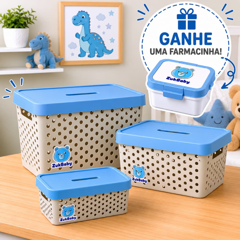Kit 3 Caixas Cestos Organizador Quarto Bebê Infantil P M G Estilo Rattan ZukBaby Azul - Brinde Farmacinha