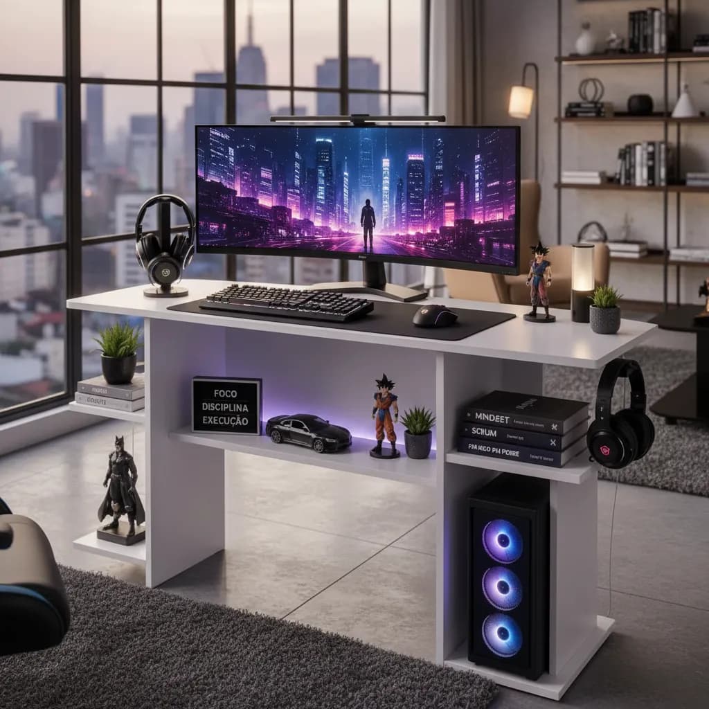 Escrivaninha Mesa para Computador Gamer Com Nichos Quarto Estudo Escritório Home Office