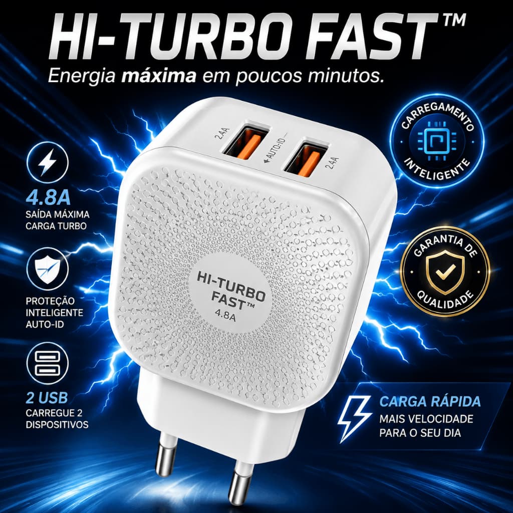 Carregador Rápido HI-TURBO FAST 4.8A 2 USB + Cabo Tipo-C Bivolt Carregamento Turbo