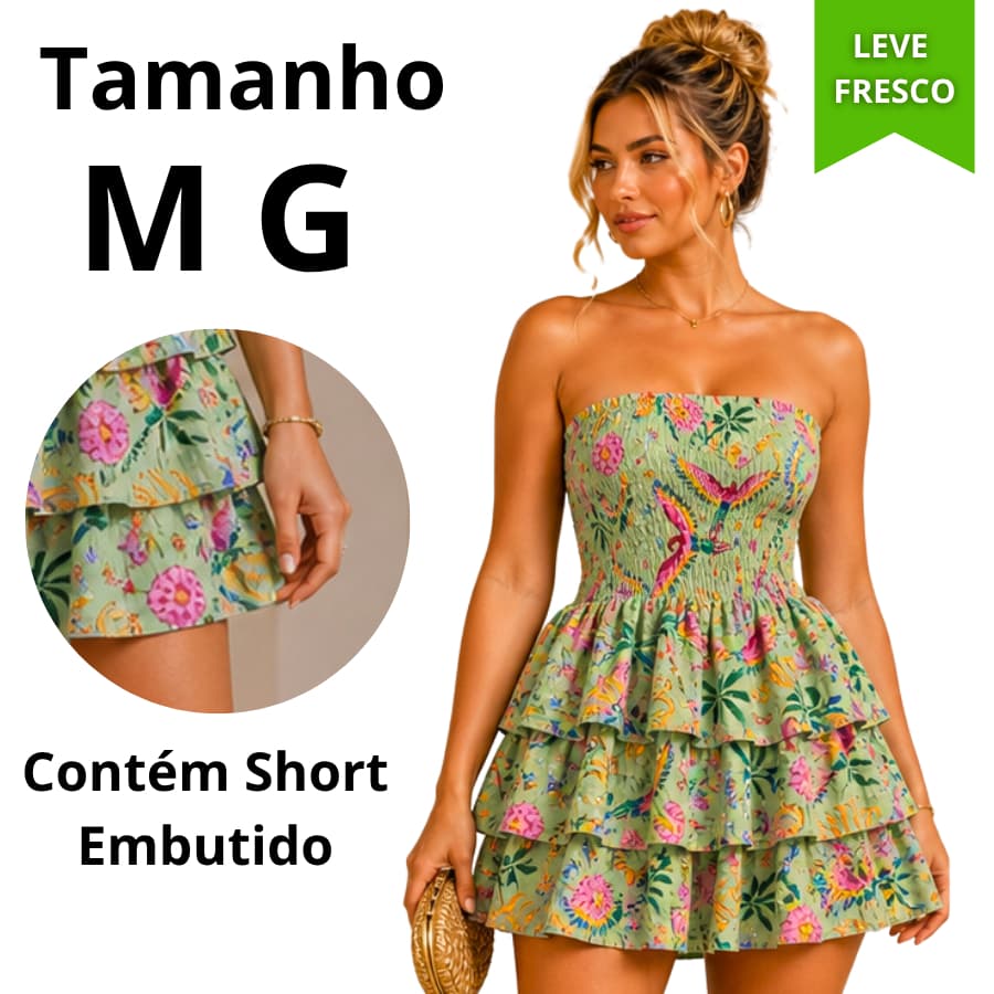 Vestido Tropical Feminino Curto Com Short Babados Moda Verão Inverno