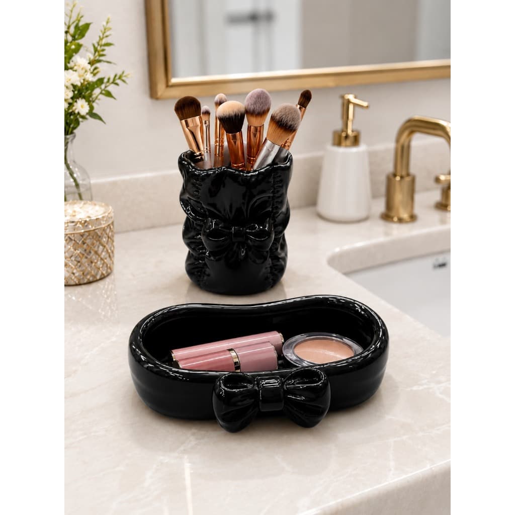 Kit Porta Pincéis + Bandeja Decorativa Laço Luxo | Organizador de Maquiagem Elegante Clean Branco