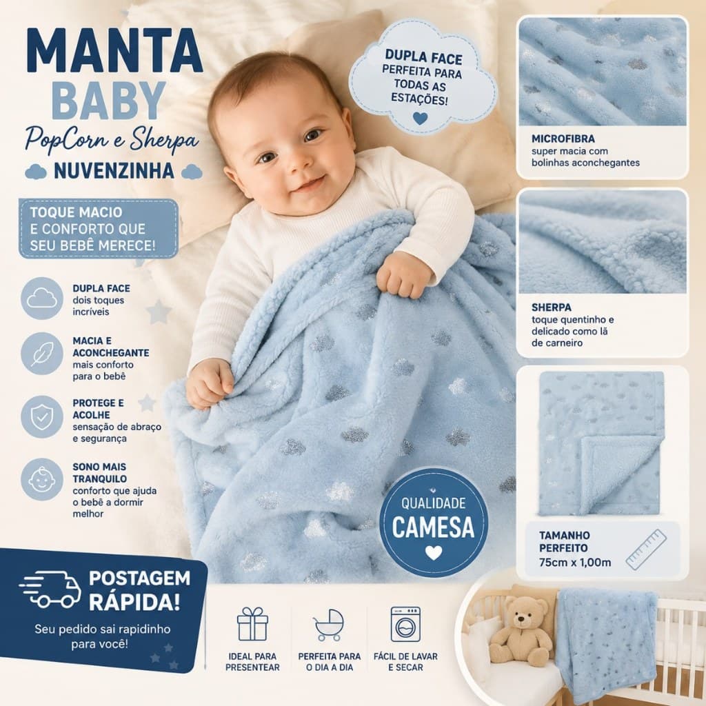 Manta Baby Mantinha para Bebe Cobertor Camesa Bolinha e Nuvenzinhas