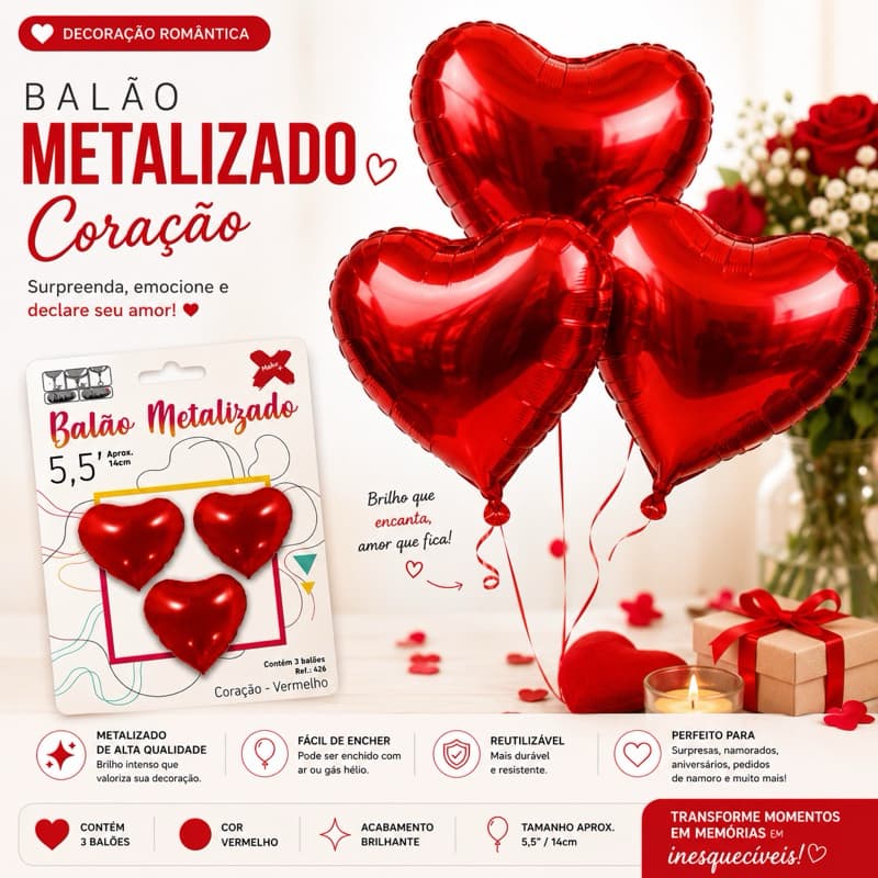 kit 3 Balões metalizados coração vermelho  14cm♥️
