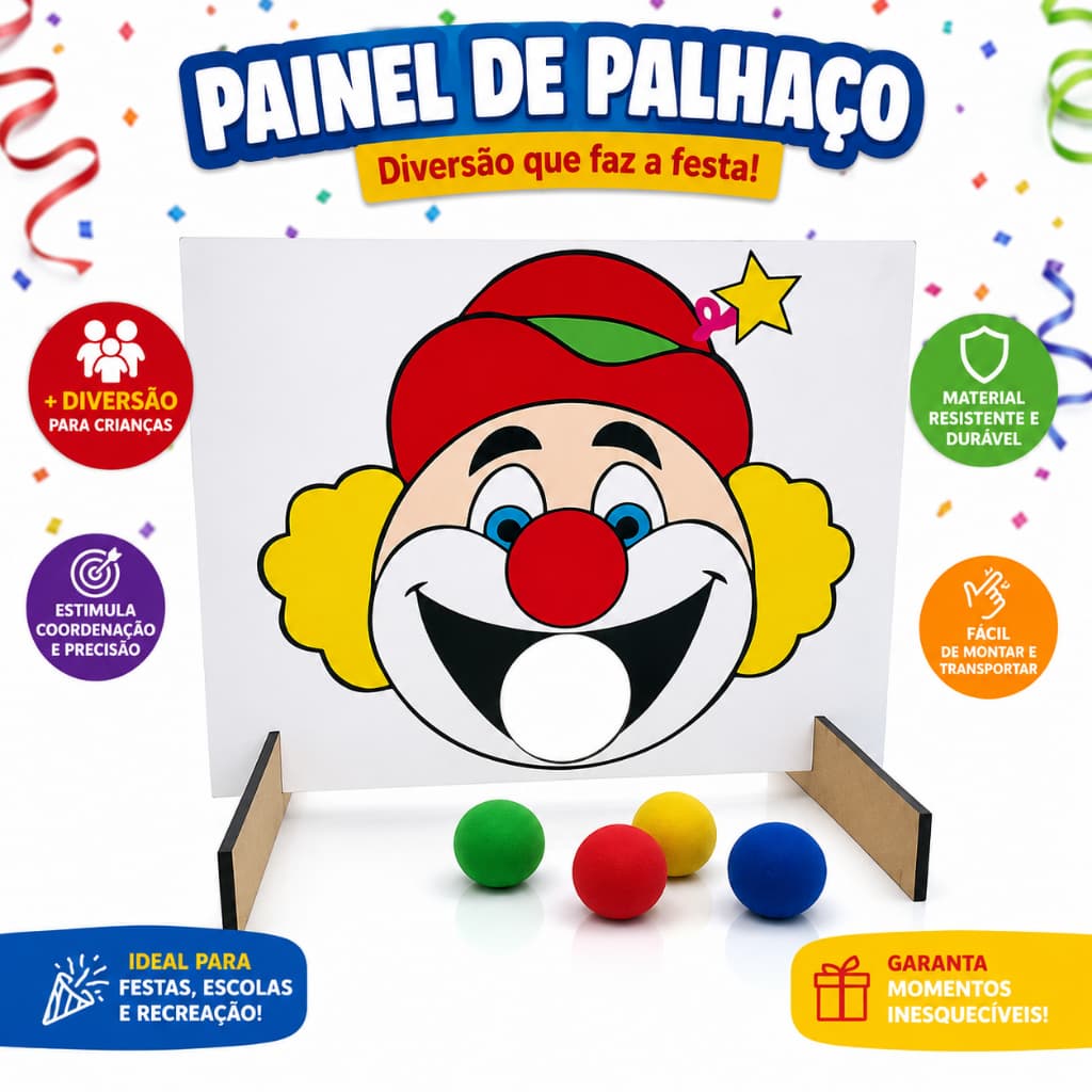Painel Palhaço Infantil Arremesso de Bolinhas Jogo Recreativo Festa Junina