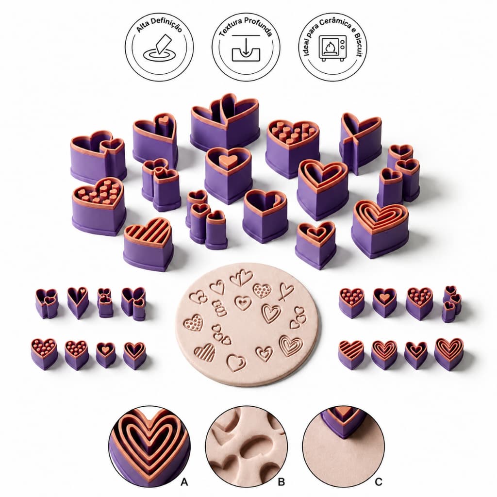 Kit Carimbos de Coração para Argila, Biscuit e Cerâmica | Moldes Clay Artesanato, Massa de Modelar e Bricolagem