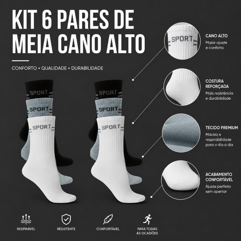 Kit 6 Pares de Meia Cano Alto Longo Médio Sport Original