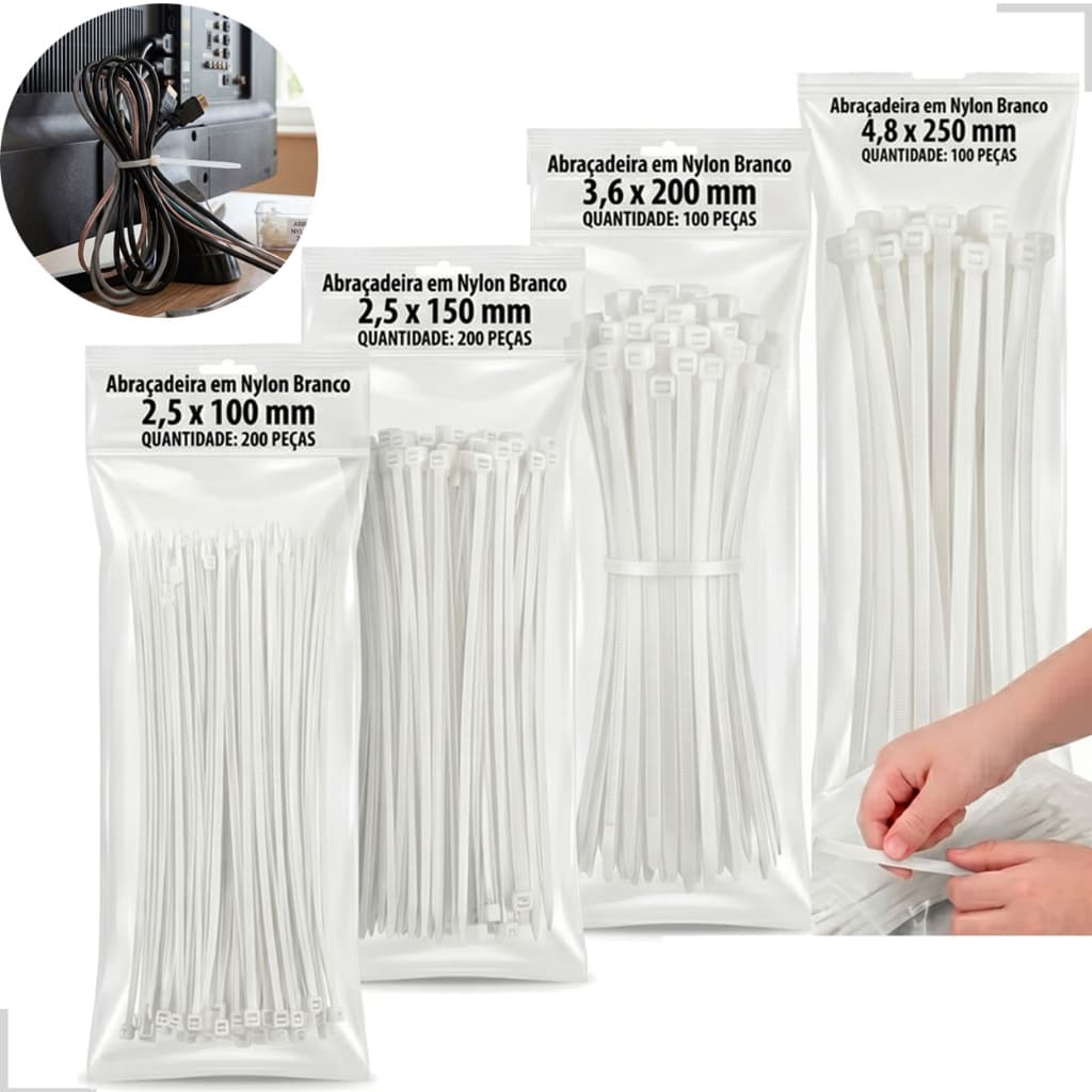 Kit 600 Abraçadeira Nylon Fita Cinta Plástica 4 Tamanhos 100mm 150mm 200mm 250mm Lacre Enforca Gato